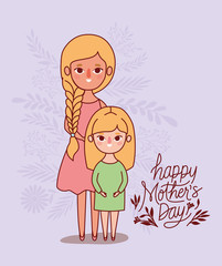Mother and daughter cartoon with leaves vector design