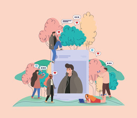 Boy picture trees bubbles and people with smartphones vector design