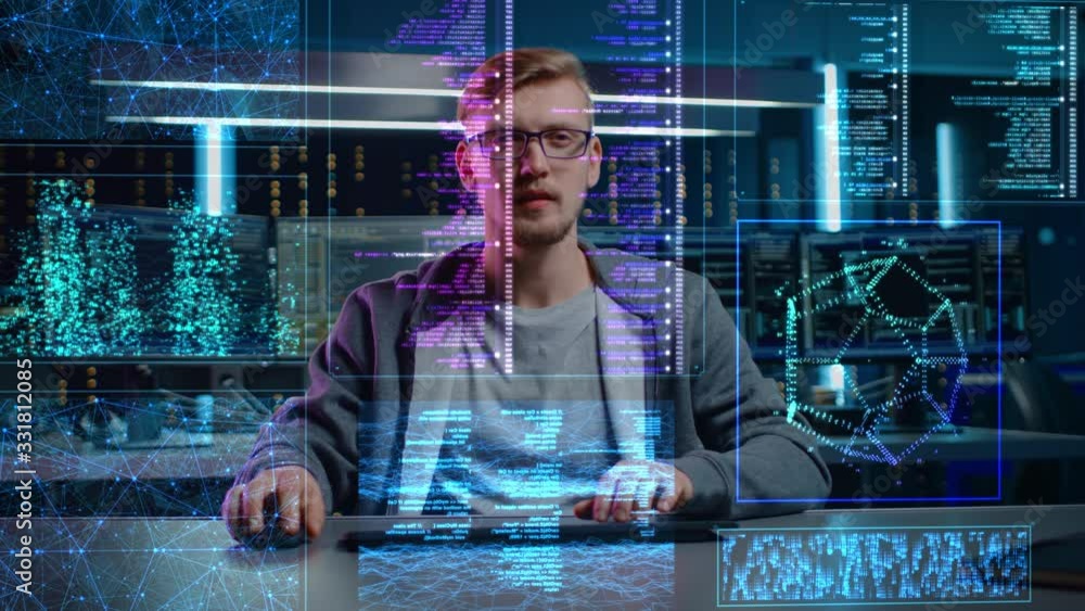 Poster Software Programmer Working on Computer with Neural Networking, Machine Learning, Big Data, Artificial Intelligence. Coding Language Projection Reflects on His Face. POV Portrait Camera