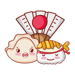kawaii sushi fish tempura and fan food japanese cartoon, sushi and rolls