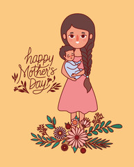Mother and baby cartoon with flowers and leaves vector design
