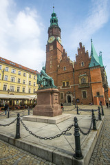 The Market Square in the city center of Wrocław city in Poland. in the picture you see the old colorful buildings and the Old town hall building 