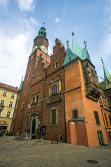 The Market Square in the city center of Wrocław city in Poland. in the picture you see the old colorful buildings and the Old town hall building 