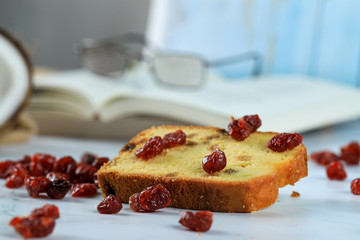 Dried red berries and a slice of toast