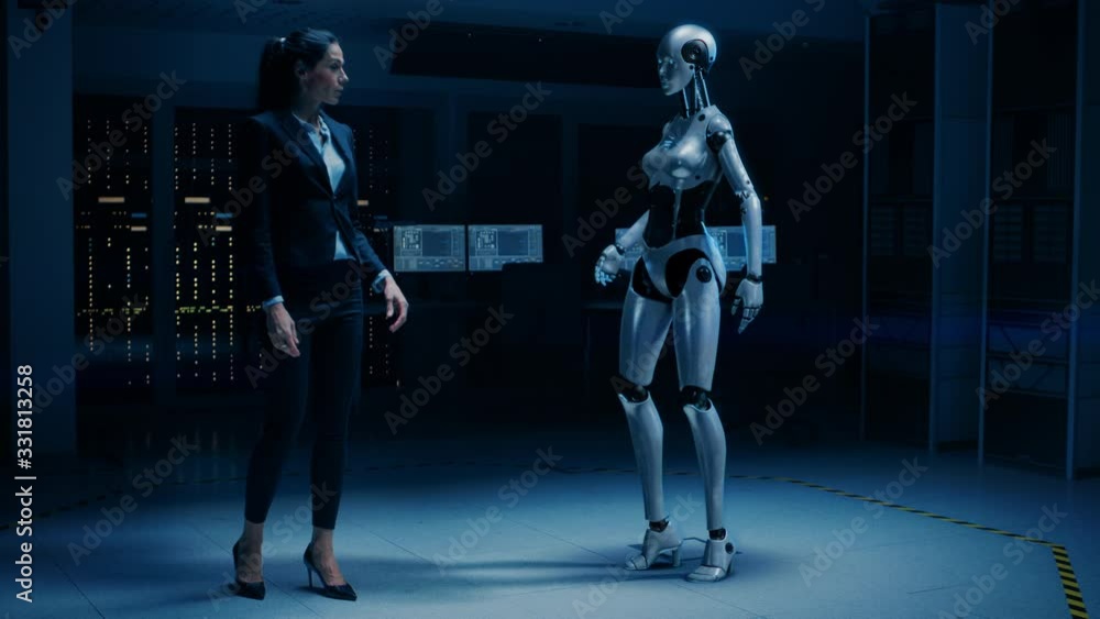 Poster beautiful, confident female engineer touching hands with humanoid robot activating collaboration, te