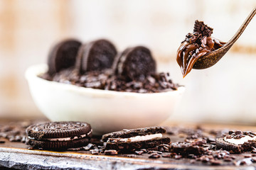 white and black chocolate filling. Creamy Easter egg filling, for spoon egg. Typical Brazilian tradition, gourmet Easter dessert. Selective focus.