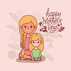 Mother and daughter cartoon with leaves vector design