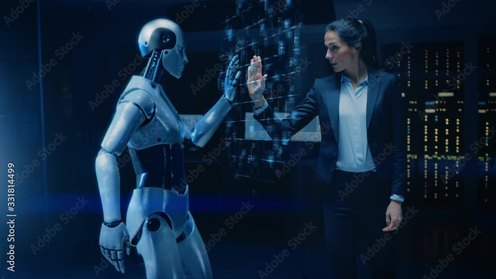 Poster beautiful, confident female engineer touching hands with humanoid robot activating collaboration, te