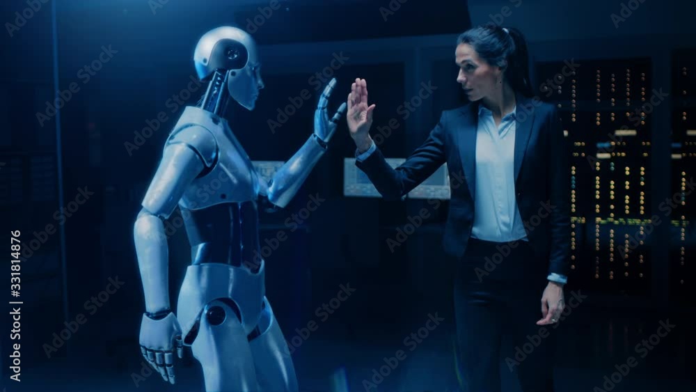 Poster beautiful, confident female engineer touching hands with humanoid robot activating collaboration, te