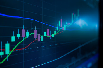 Blue Stock Exchange Market trading graph on screen monitor for economic and financial investment. Business analysis chart display. Stock invest infomation.