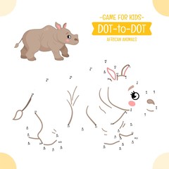 Educational game for kids. Dot to dot game for children. African animals. Cartoon cute rhinoceros