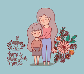 Mother and daughter cartoon with flowers and leaves vector design