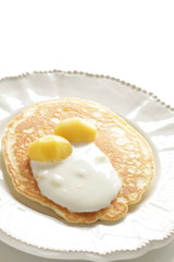 Chestnut and cream on homemade pancake with copy space