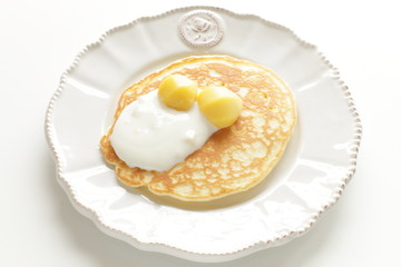 Chestnut and cream on homemade pancake with copy space