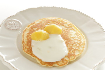 Chestnut and cream on homemade pancake with copy space