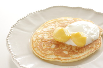 Chestnut and cream on homemade pancake with copy space