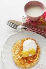 Chestnut and cream on homemade pancake with copy space