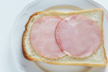 ham and bread on dish with copy space for breakfast