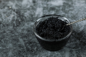 Black caviar in a glass jar