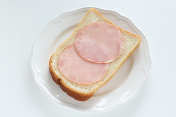 ham and bread on dish with copy space for breakfast