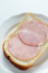 ham and bread on dish with copy space for breakfast