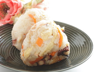Japanese food, chicken and carrot rice ball on dish