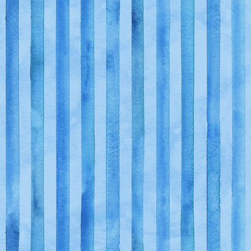 Watercolor blue stripes background. Blue and white striped seamless pattern