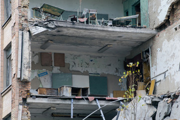 Old ruined house in Pripyat in Chernobyl