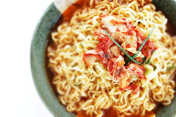 Korean food, spicy ramen noodles and kimchi