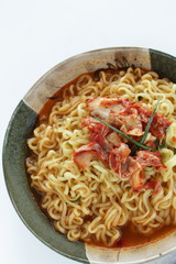 Korean food, spicy ramen noodles and kimchi