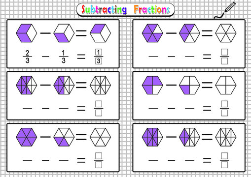 Subtracting Fractions Worksheets, math fraction worksheet for kids, Educational Game