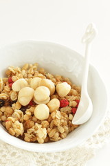 Healthy breakfast, granola celery in blow with copy space