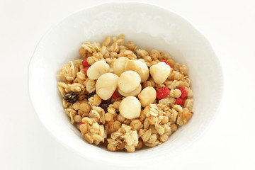 Healthy breakfast, granola celery in blow with copy space