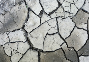 Obraz premium Close up of crack soil and muddy in the dry season textures, hot summer. Patterns and texture cracked soil of sunny dried earth soil, Drought of the ground. Dried cracked earth soil ground background