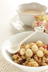 Healthy breakfast, granola celery in blow with copy space