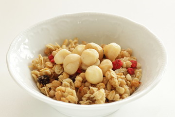 Healthy breakfast, granola celery in blow with copy space