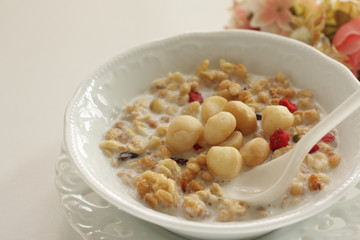 Healthy breakfast, granola celery in blow with copy space