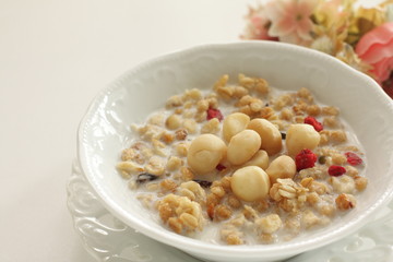 Healthy breakfast, granola celery in blow with copy space