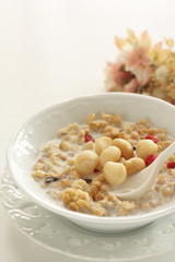 Healthy breakfast, granola celery in blow with copy space