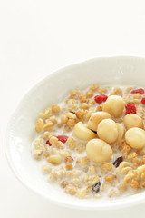 Healthy breakfast, granola celery in blow with copy space
