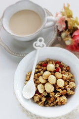 Healthy breakfast, granola celery in blow with copy space