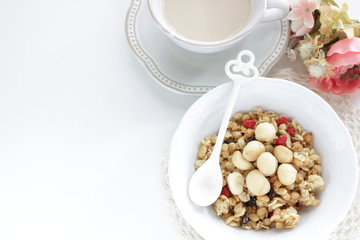 Healthy breakfast, granola celery in blow with copy space