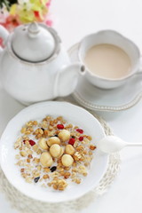 Healthy breakfast, granola celery in blow with copy space