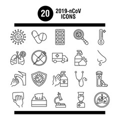 bundle twenty designs of covid 19 , line style icon vector illustration design
