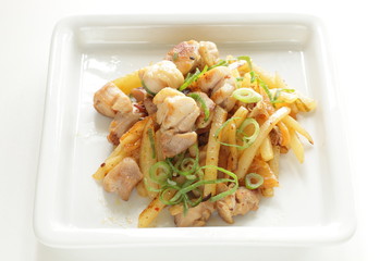 Korean food, potato and chicken stir fried with Kimchi