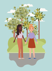 Women holding hands trees and clouds vector design