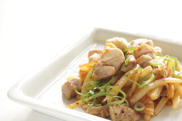 Korean food, potato and chicken stir fried with Kimchi