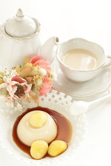 Homemade sweet food, chestnut and pudding with caramel sauce
