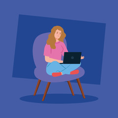 Fototapeta na wymiar woman working in telecommuting with laptop sitting in chair vector illustration design