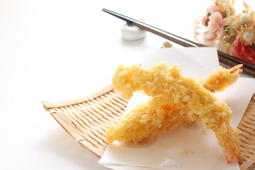Japanese food, ebi tempura on white background with copy space
